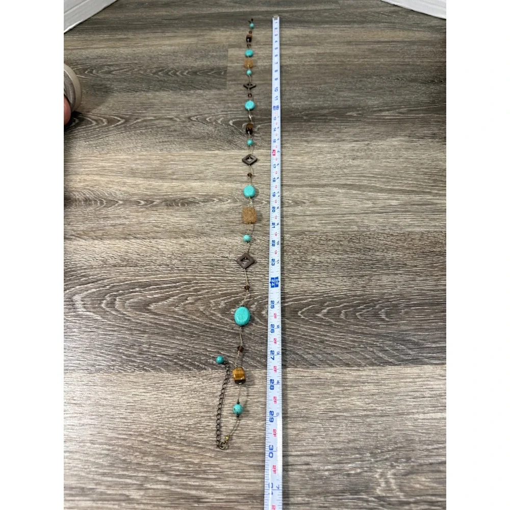 Boho Long Beaded Station Necklace Turquoise Tiger Eye‎ Mixed Stone Earthy